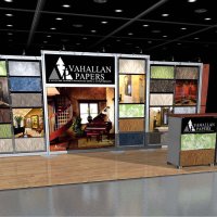 10x20 extrusion and fabric combined with custom sample boards of Vahallan's hand-crafted wall coverings designed by Vision Exhibits.